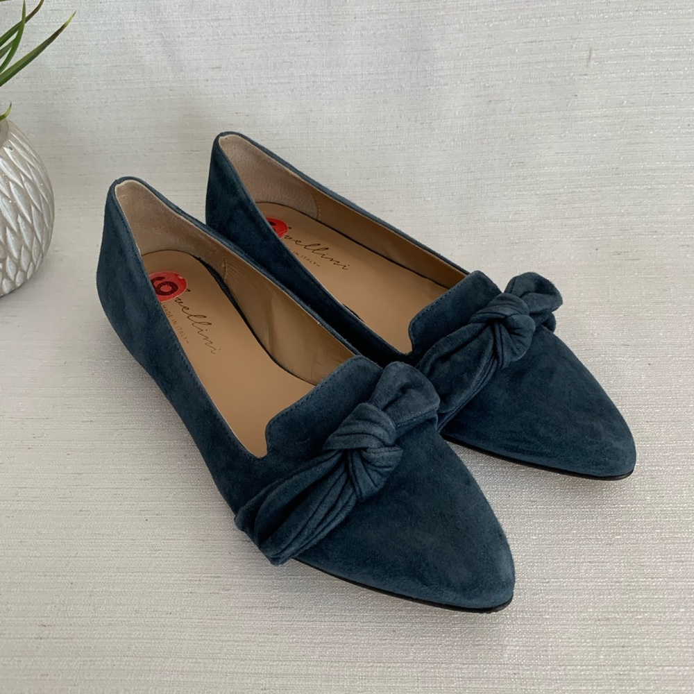Avellini Blue Suede Leather Bowtie Pointed Toe Flats Woman’s 6 Made in Italy